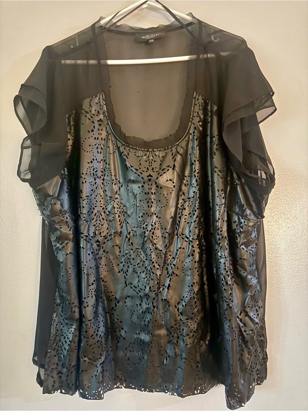 Michel Studio Black Laser-Cut Satin Tank with Sheer Flutter Sleeves